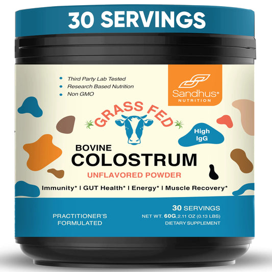 Sandhus Bovine Colostrum Powder for Humans Adults | 30 Servings Grass Fed Cows Supplement | High IgG for Best Gut Health | Immunity & Muscle Recovery Support | Unflavored Moo Superfood