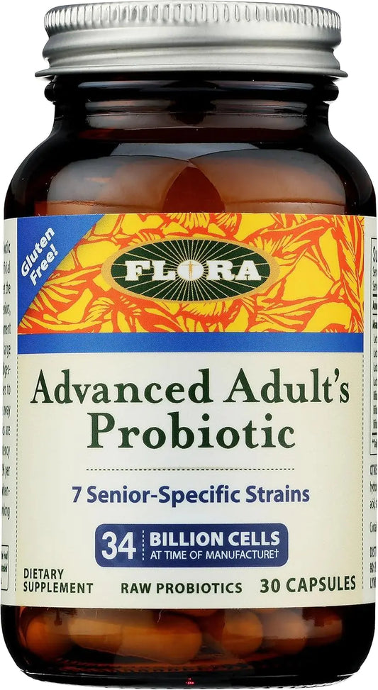Flora - Advanced Adults Blend Probiotic Seven Senior-Specific Strains Gluten Free Raw Probiotic with 34 Billion Cells 30 Capsules