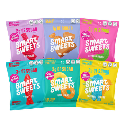 SmartSweets Variety Pack Sampler, Pack of 8 Individual Flavors, Low Sugar & Calorie Candy - Sweet Fish, Sourmelon Bites, Peach Rings, Sour Blast Buddies, Red Twists, & New Soft Caramels